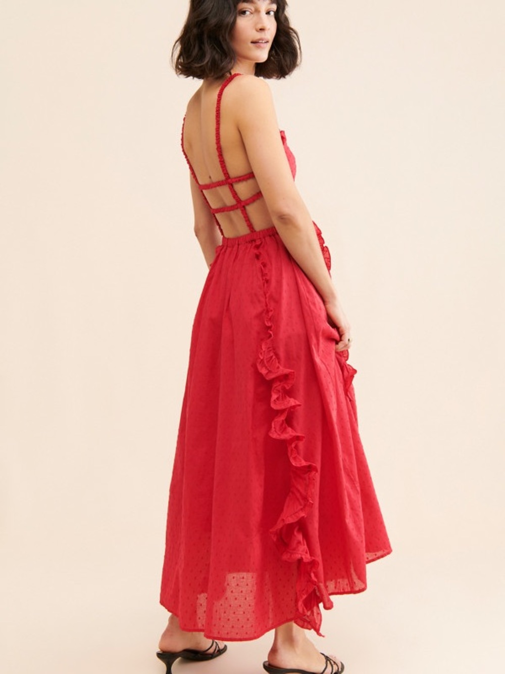 100% Cotton FARM Rio Scarlet Ruffle Cutout Maxi Dress - Picture 2 of 3